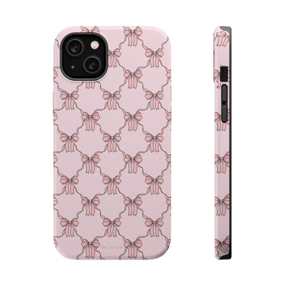 Magnetic iPhone case with a pink background and ballet-inspired pink bows, perfect for adding a touch of elegance and charm to your phone.