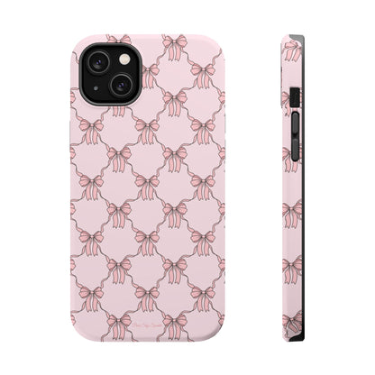 Magnetic iPhone case with a pink background and ballet-inspired pink bows, perfect for adding a touch of elegance and charm to your phone.