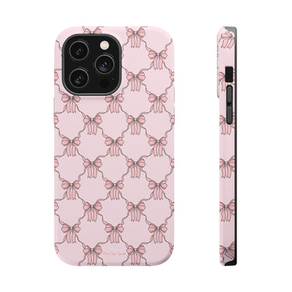 Magnetic iPhone case with a pink background and ballet-inspired pink bows, perfect for adding a touch of elegance and charm to your phone.