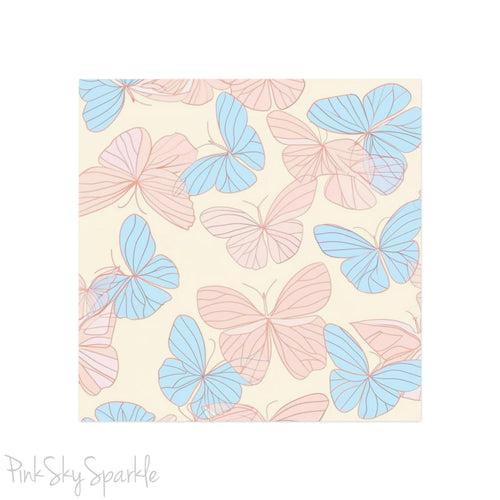 Beautiful Pink and Blue Butterfly Square Magnet with a neutral ivory coloured background. Can be used on the refrigerator or any magnetic surface.