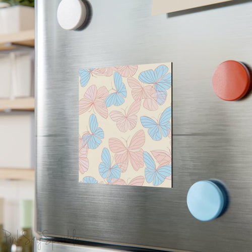 Beautiful Pink and Blue Butterfly Square Magnet with a neutral ivory coloured background. Can be used on the refrigerator or any magnetic surface.