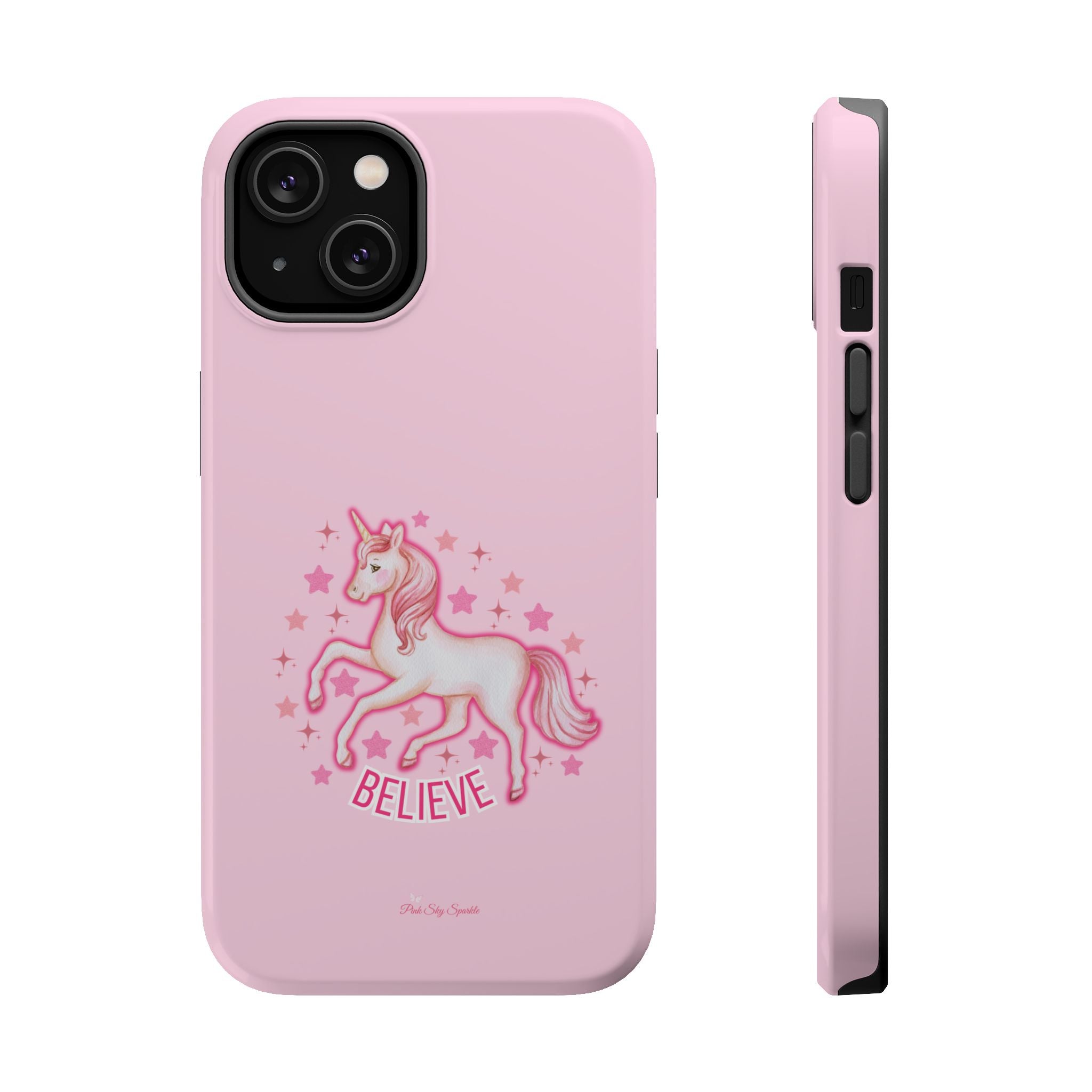 Pink phone case with a unicorn design and 'Believe' text on a white background