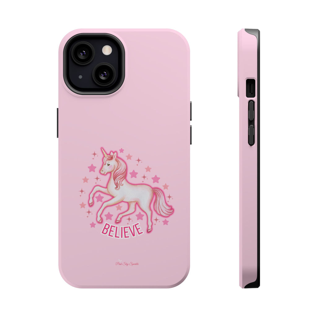 Pink phone case with a unicorn and 'Believe' text on a white background