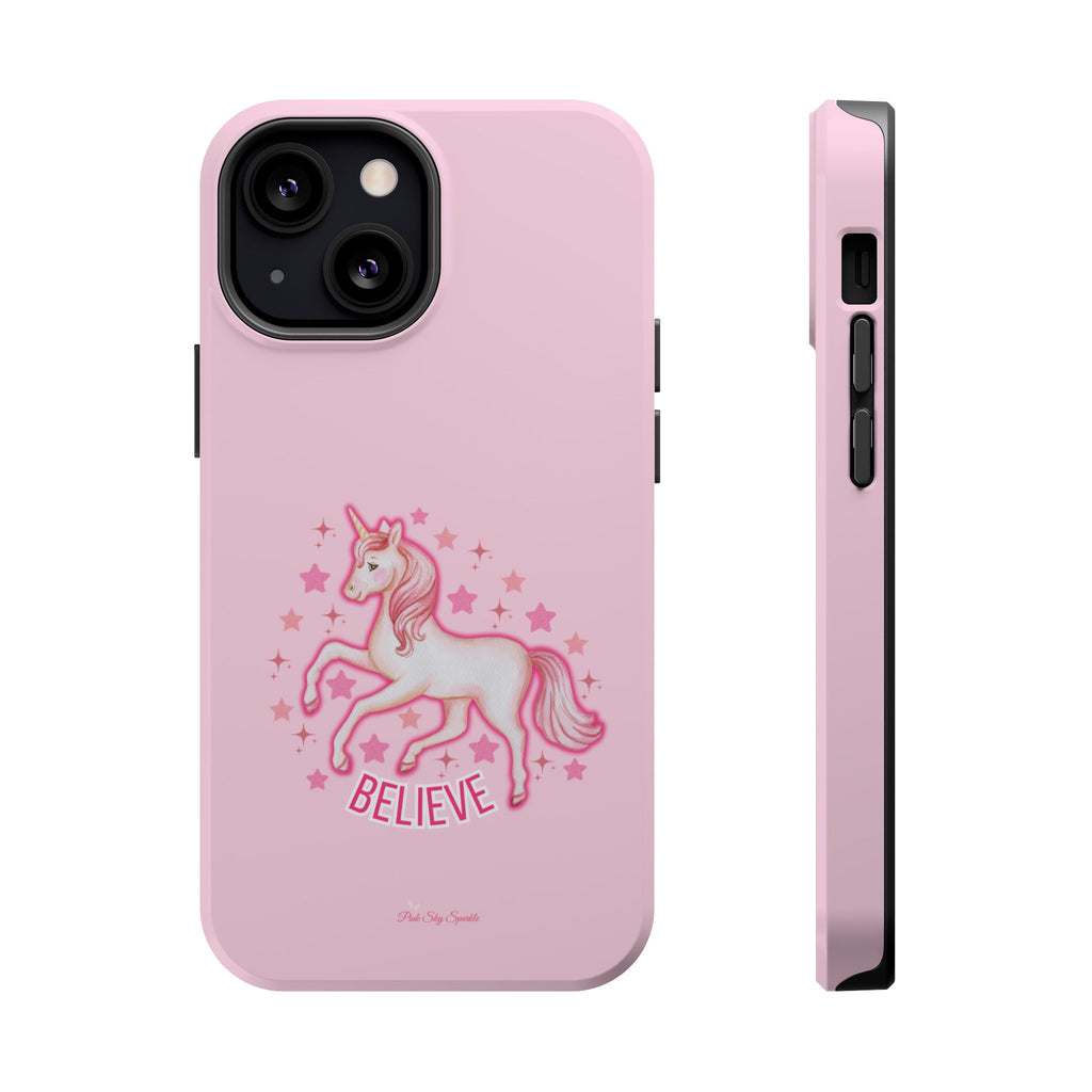 Pink phone case with a unicorn and 'Believe' text on a white background