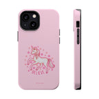 Pink phone case with a unicorn and 'Believe' text on a white background