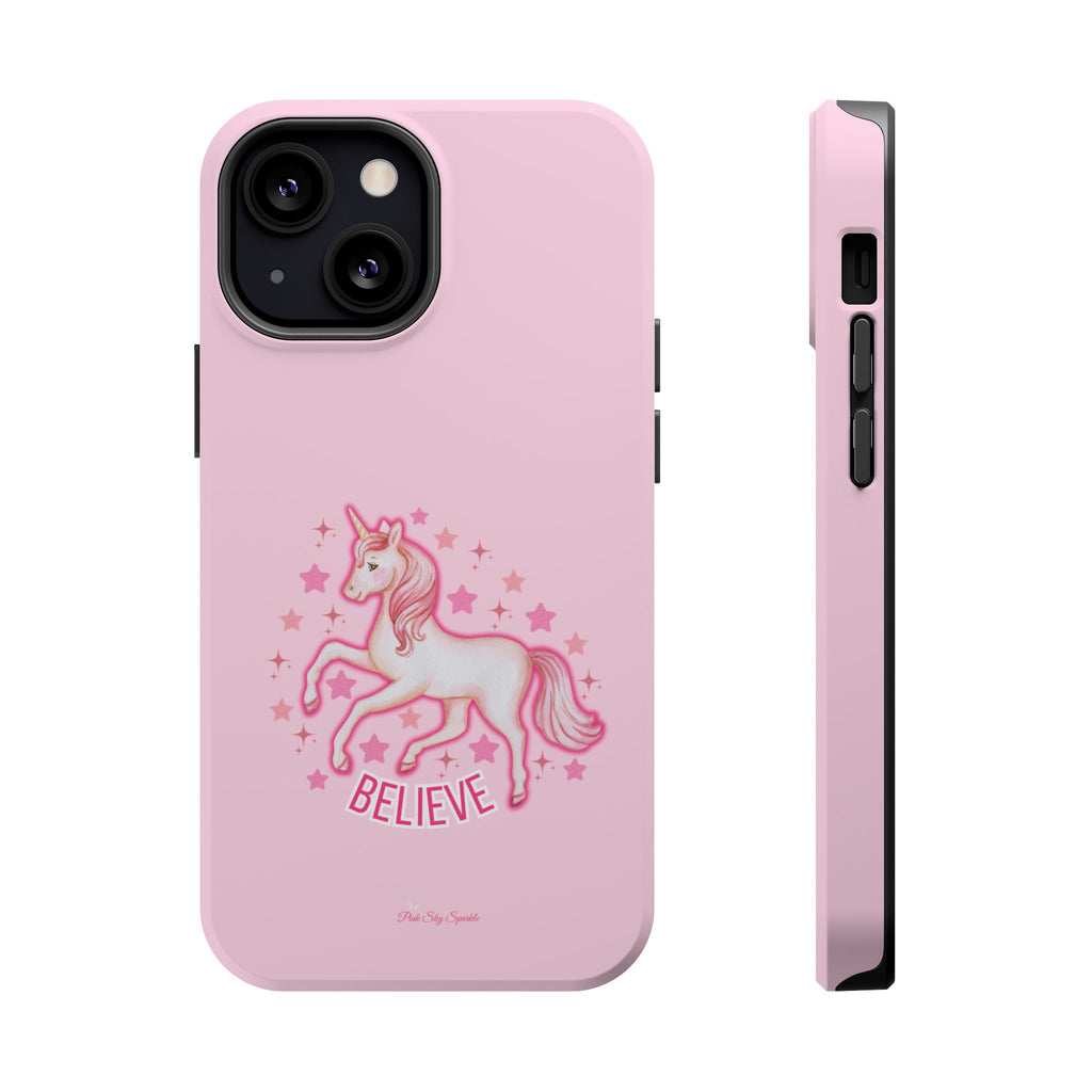 Pink phone case with a unicorn and 'Believe' text on a white background