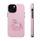Pink phone case with a unicorn and 'Believe' text on a white background