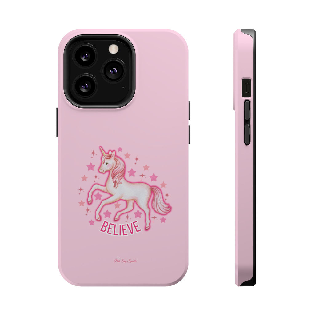 Pink phone case with a unicorn design and 'BELIEVE' text on a white background