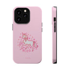 Pink phone case with a unicorn design and 'BELIEVE' text on a white background