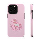 Pink phone case with a unicorn design and 'BELIEVE' text on a white background