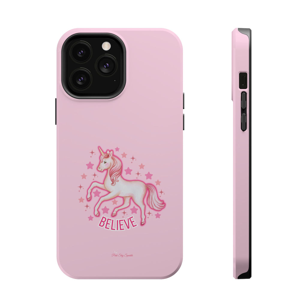 Pink phone case with a unicorn and 'BELIEVE' text on a white background