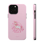 Pink phone case with a unicorn and 'BELIEVE' text on a white background