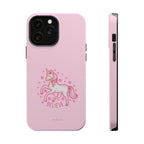 Pink phone case with a unicorn and 'BELIEVE' text on a white background