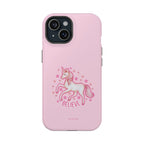 Pink phone case with a unicorn design and 'BELIEVE' text on a white background