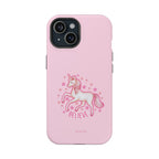 Pink phone case with a unicorn and 'BELIEVE' text on a white background