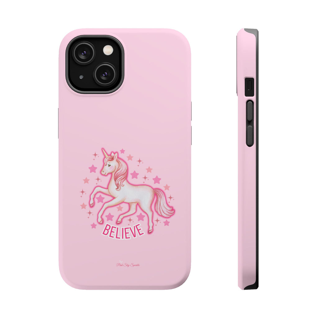 Pink phone case with a unicorn design and 'Believe' text on a white background