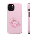 Pink phone case with a unicorn design and 'Believe' text on a white background