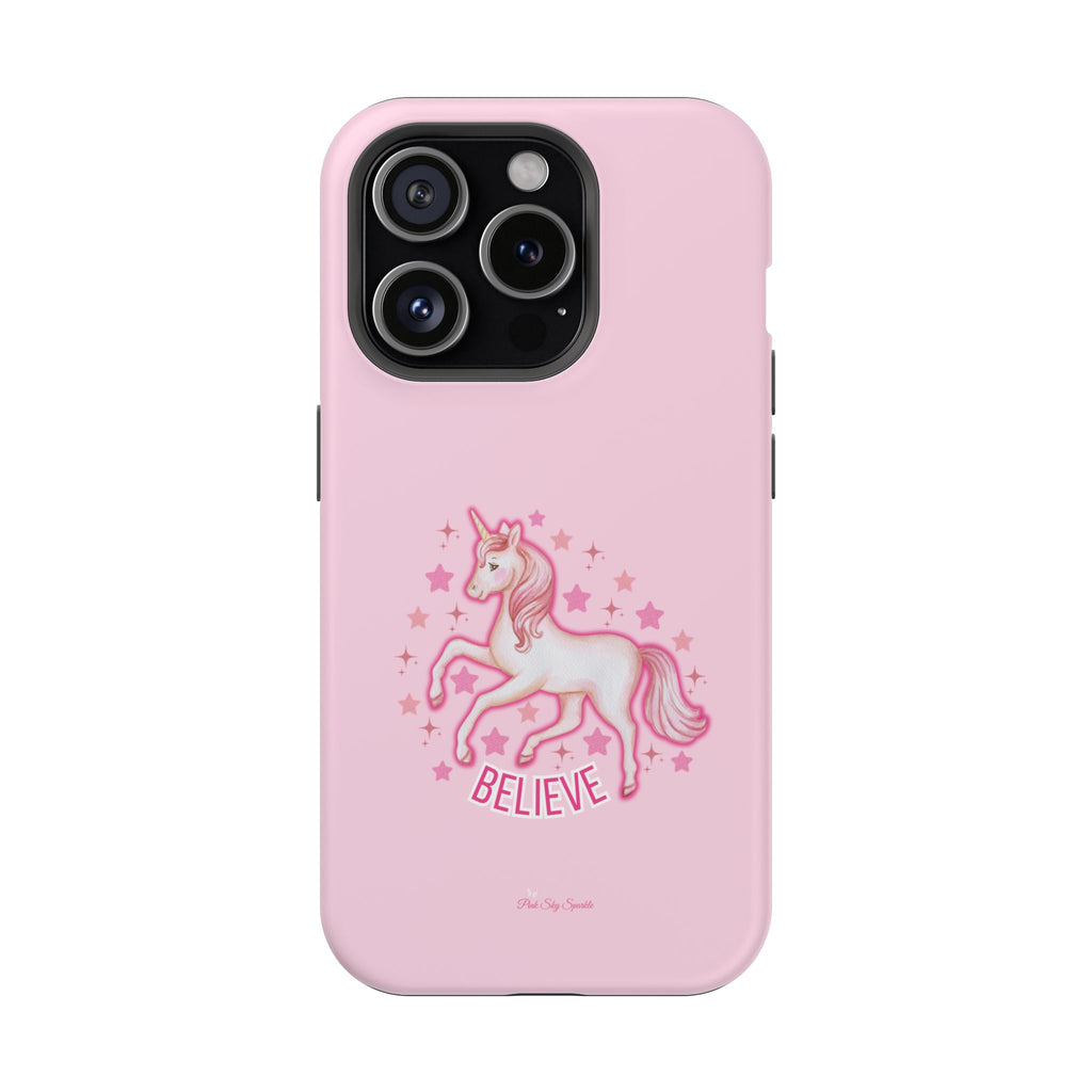 Pink phone case with a unicorn and 'BELIEVE' text on a white background