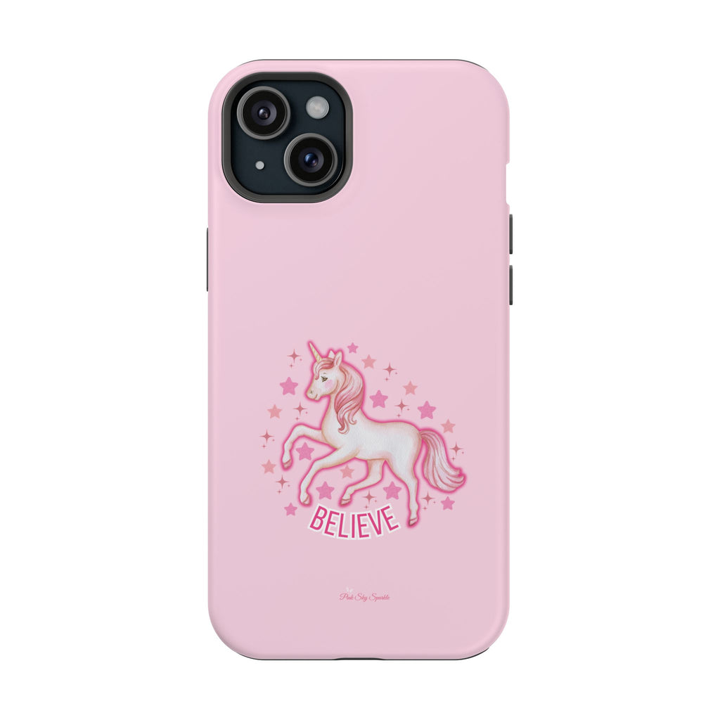 Pink phone case with a unicorn design and 'BELIEVE' text on a white background