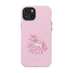 Pink phone case with a unicorn design and 'BELIEVE' text on a white background