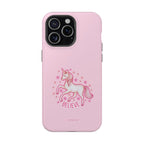 Pink phone case with unicorn design and 'BELIEVE' text on a white background