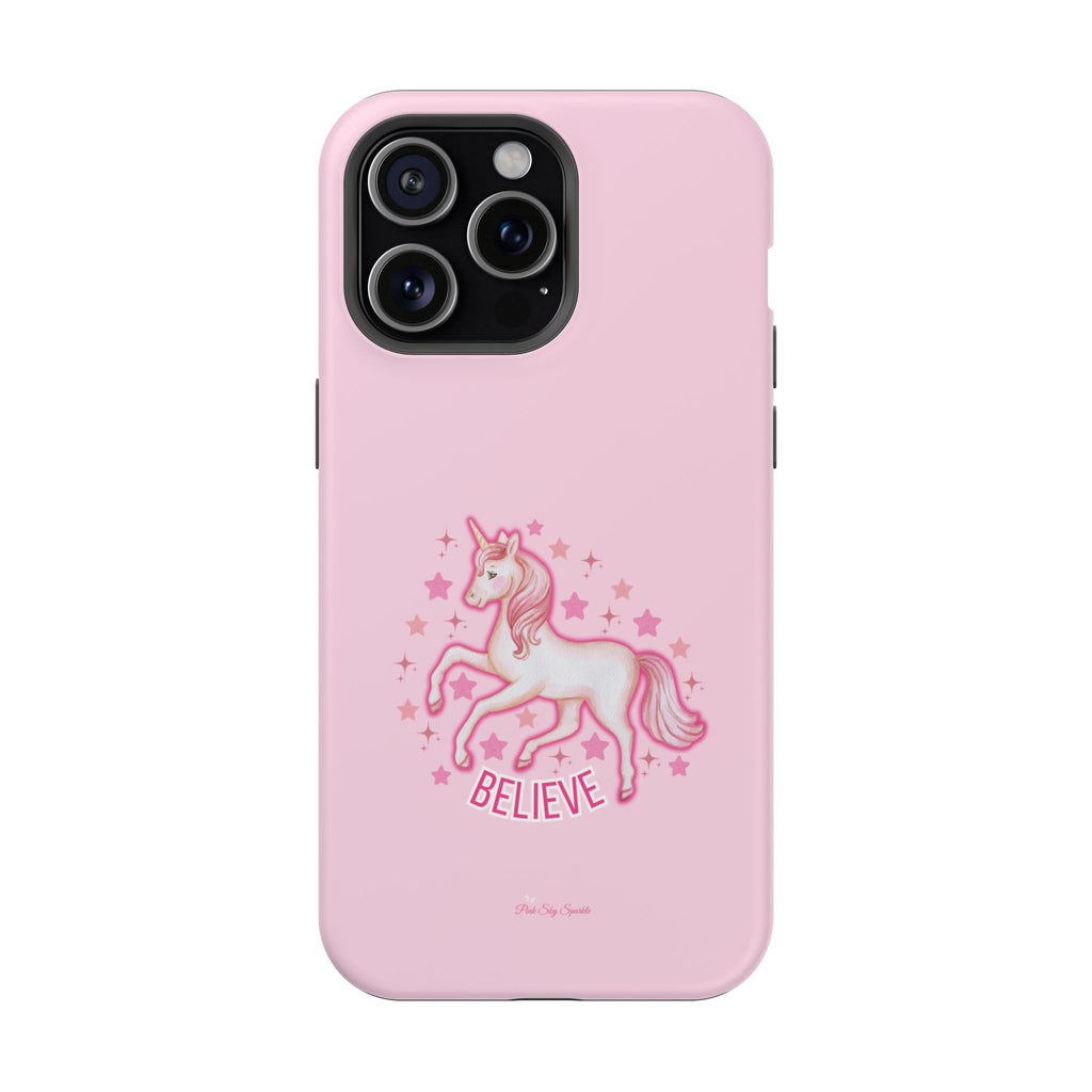 Pink phone case with a unicorn and 'BELIEVE' text on a white background