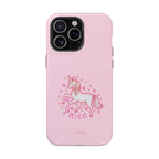 Pink phone case with a unicorn and 'BELIEVE' text on a white background