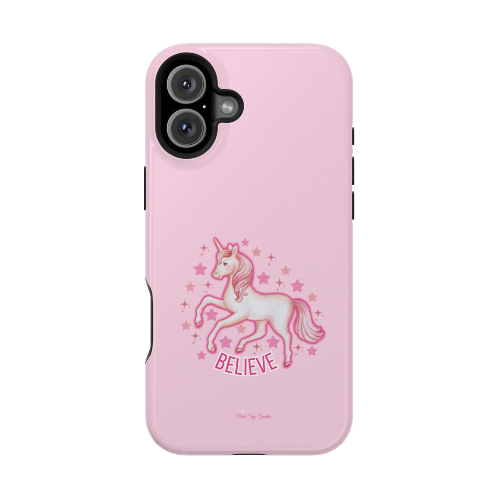 Pink phone case with a unicorn design and 'BELIEVE' text on a white background