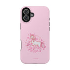 Pink phone case with a unicorn design and 'BELIEVE' text on a white background