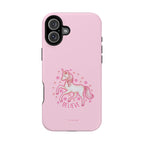 Pink phone case with a unicorn and 'BELIEVE' text on a white background