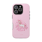 Pink phone case with a unicorn design and 'BELIEVE' text on a white background