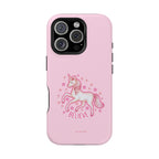Pink phone case with a unicorn design and 'BELIEVE' text on a white background