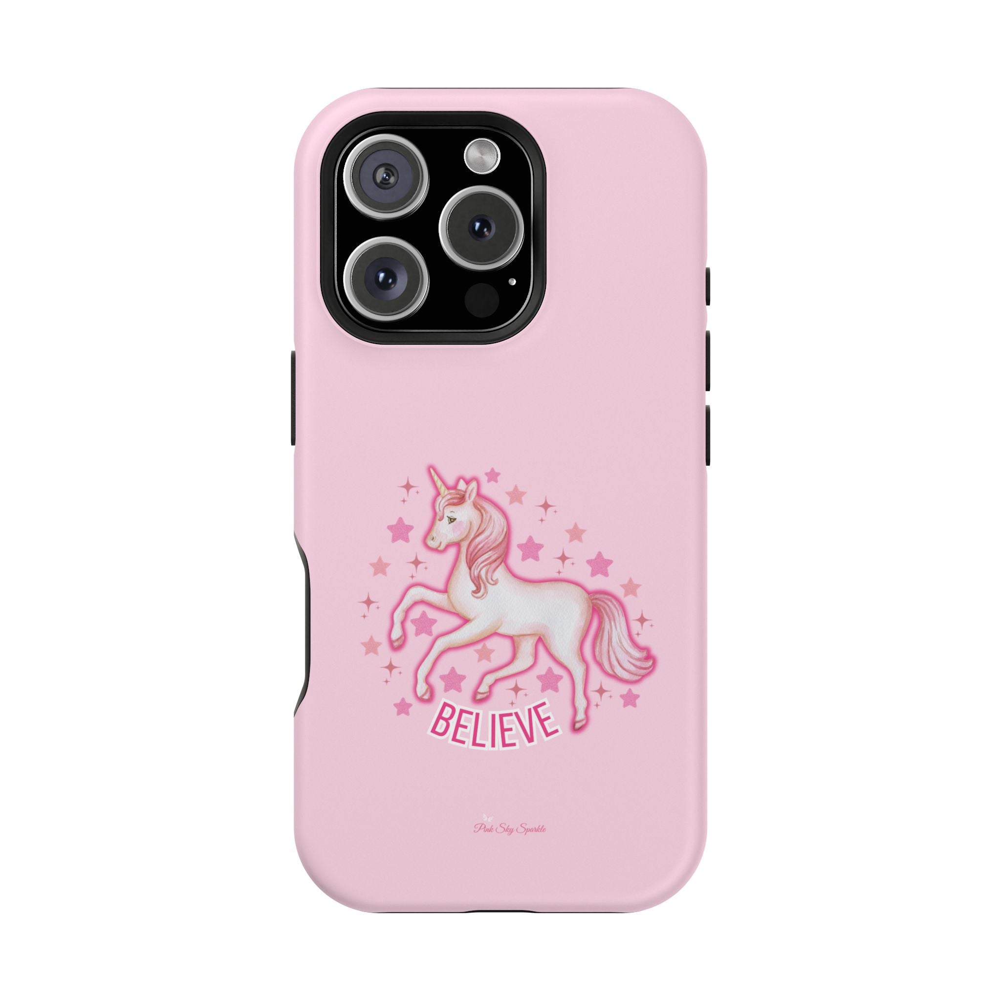 Pink phone case with a unicorn design and 'BELIEVE' text on a white background