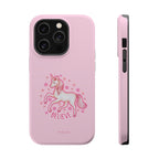 Pink phone case with a unicorn design and 'Believe' text on a white background