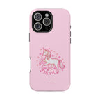 Pink phone case with a unicorn and 'BELIEVE' text on a white background