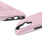 Pink phone case with black accents on a white background