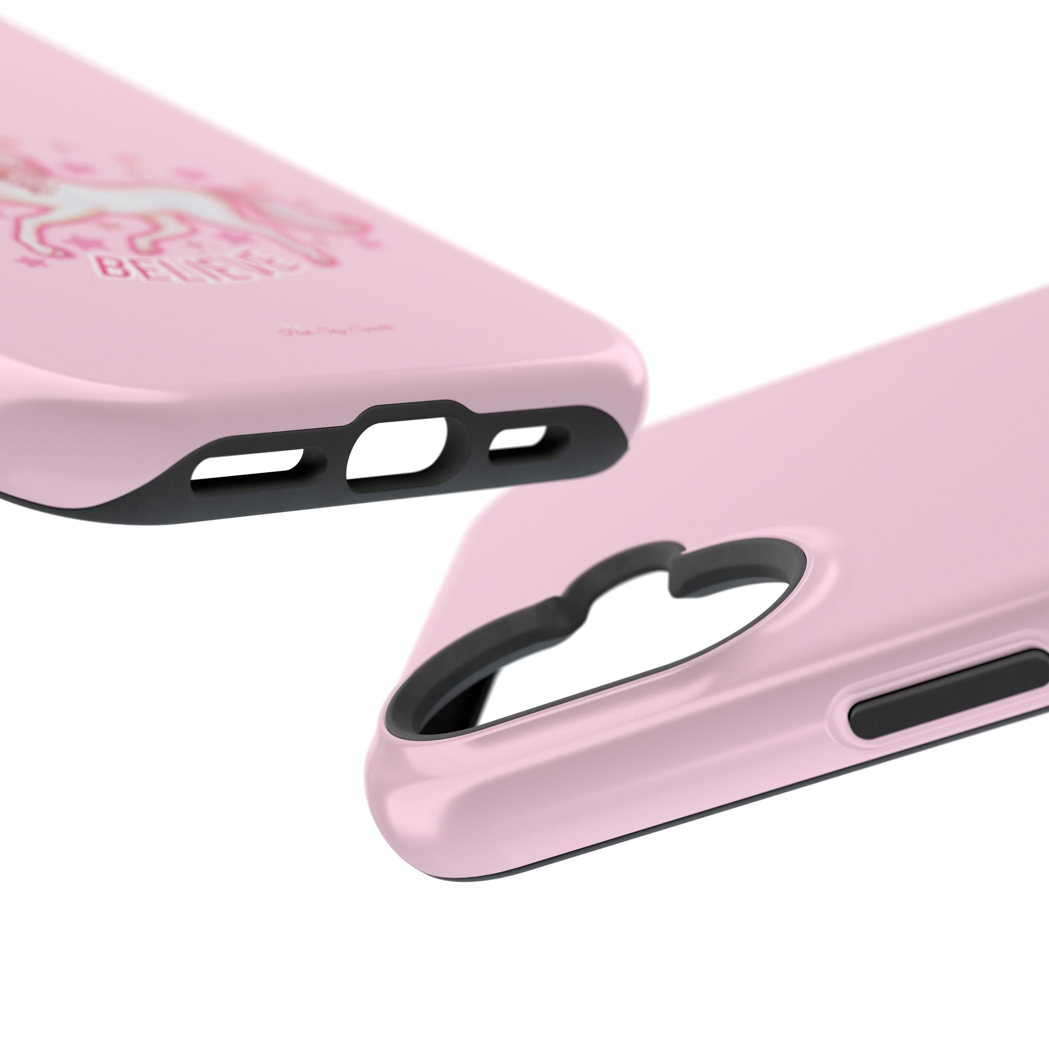 Pink phone case with black accents on a white background