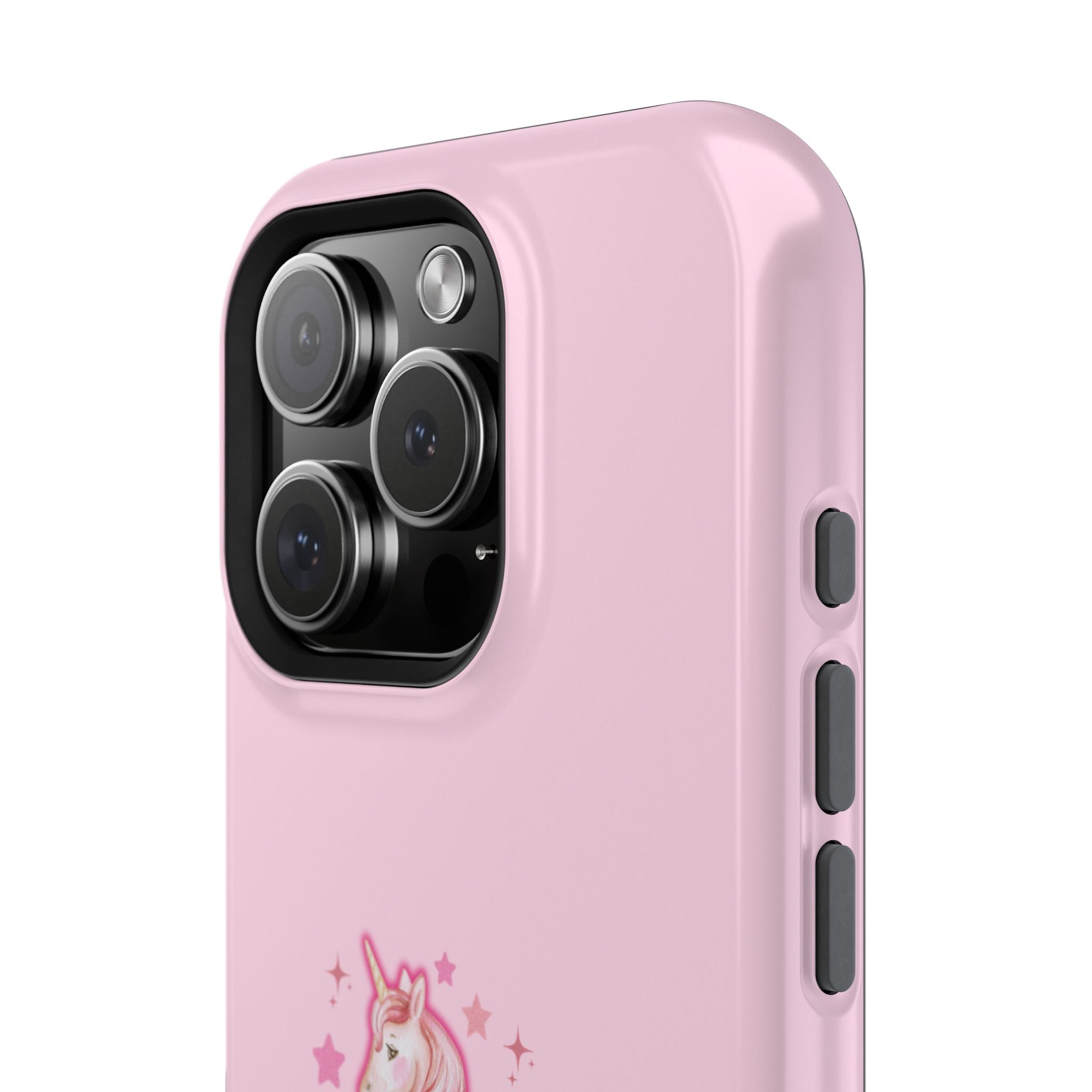 Pink phone case with unicorn design on a white background