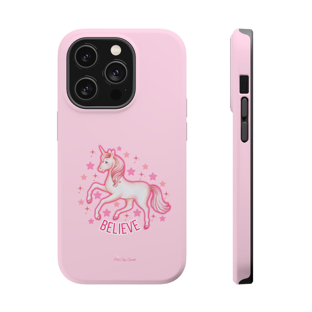 Pink phone case with a unicorn design and 'Believe' text on a white background