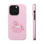Pink phone case with a unicorn design and 'Believe' text on a white background