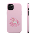 Pink phone case with a unicorn and 'Believe' text on a white background