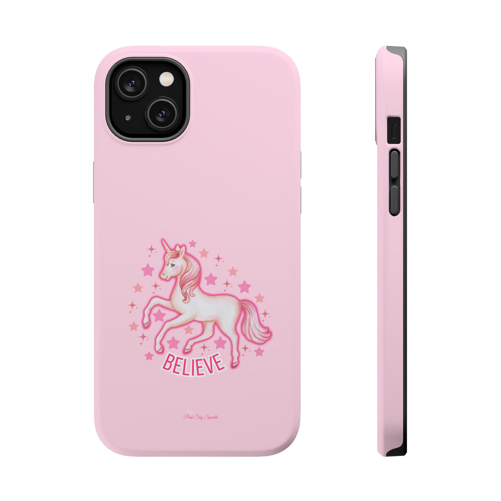 Pink phone case with a unicorn and 'Believe' text on a white background