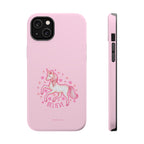 Pink phone case with a unicorn and 'Believe' text on a white background