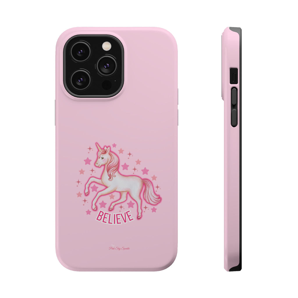 Pink phone case with a unicorn design and 'Believe' text on a white background