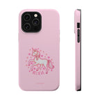 Pink phone case with a unicorn design and 'Believe' text on a white background