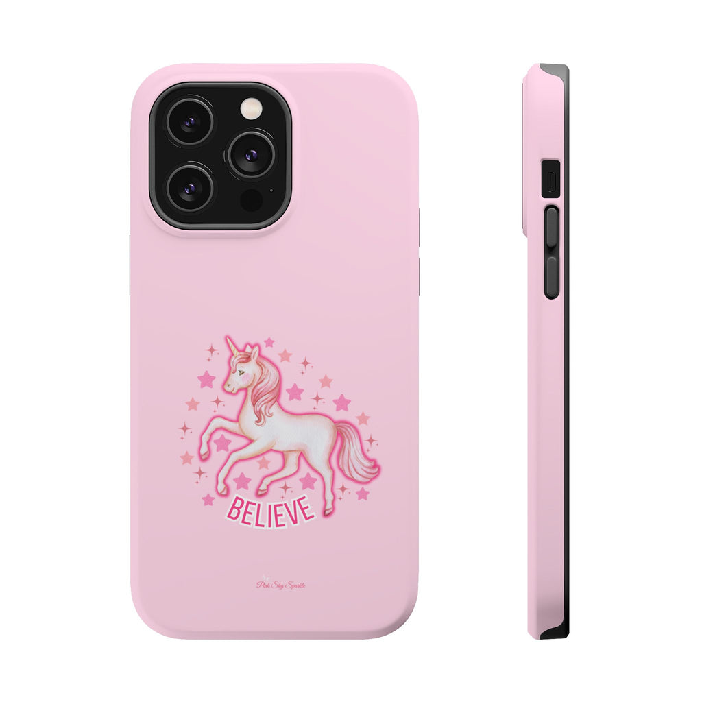 Pink phone case with a unicorn design and 'Believe' text on a white background