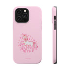 Pink phone case with a unicorn design and 'Believe' text on a white background