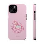 Pink phone case with a unicorn and 'Believe' text on a white background