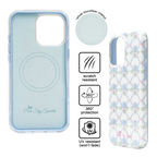Pink Sky Sparkle's Blooming Bows iPhone 16 Pro Max case with floral design, features, and branding on a white background