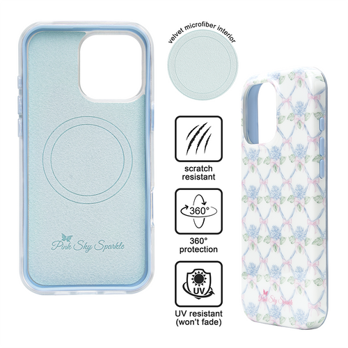 Pink Sky Sparkle's Blooming Bows iPhone 16 Pro Max case with floral design, features, and branding on a white background